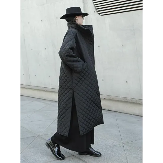 Black Rhombic Split-Side High Collar Long Coat Black Rhombic Split-Side High Collar Long Coat