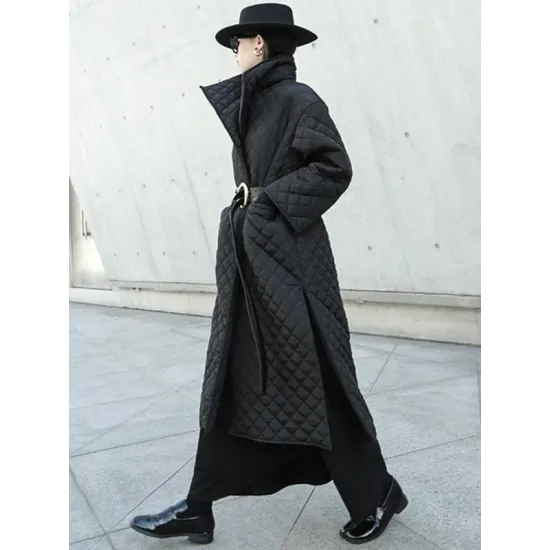 Black Rhombic Split-Side High Collar Long Coat Black Rhombic Split-Side High Collar Long Coat