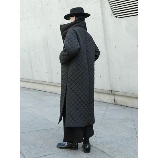 Black Rhombic Split-Side High Collar Long Coat Black Rhombic Split-Side High Collar Long Coat