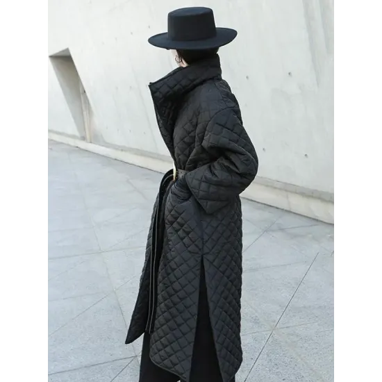 Black Rhombic Split-Side High Collar Long Coat Black Rhombic Split-Side High Collar Long Coat