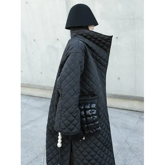 Black Rhombic Split-Side High Collar Long Coat Black Rhombic Split-Side High Collar Long Coat