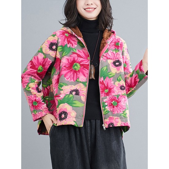 Artistic Retro Velvet Floral Printed Zipper Hooded Long Sleeves Outwear Artistic Retro Velvet Floral Printed Zipper Hooded Long Sleeves Outwear