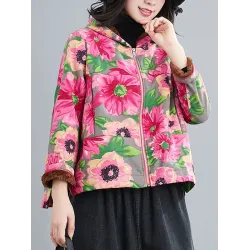 Artistic Retro Velvet Floral Printed Zipper Hooded Long Sleeves Outwear