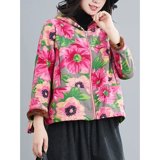 Artistic Retro Velvet Floral Printed Zipper Hooded Long Sleeves Outwear Artistic Retro Velvet Floral Printed Zipper Hooded Long Sleeves Outwear