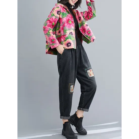 Artistic Retro Velvet Floral Printed Zipper Hooded Long Sleeves Outwear Artistic Retro Velvet Floral Printed Zipper Hooded Long Sleeves Outwear