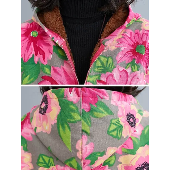 Artistic Retro Velvet Floral Printed Zipper Hooded Long Sleeves Outwear Artistic Retro Velvet Floral Printed Zipper Hooded Long Sleeves Outwear
