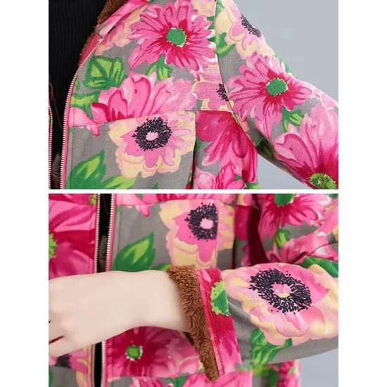 Artistic Retro Velvet Floral Printed Zipper Hooded Long Sleeves Outwear Artistic Retro Velvet Floral Printed Zipper Hooded Long Sleeves Outwear