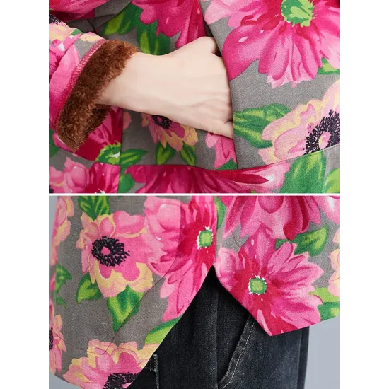 Artistic Retro Velvet Floral Printed Zipper Hooded Long Sleeves Outwear Artistic Retro Velvet Floral Printed Zipper Hooded Long Sleeves Outwear