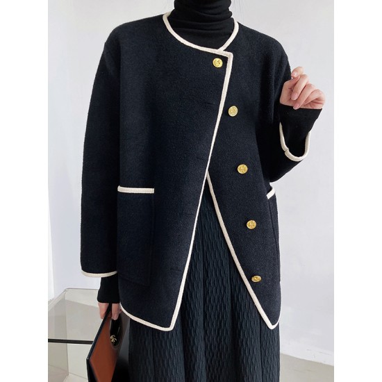 Asymmetric Buttoned Pockets Split-Joint Long Sleeves Loose Round-Neck Woolen Coat Asymmetric Buttoned Pockets Split-Joint Long Sleeves Loose Round-Neck Woolen Coat