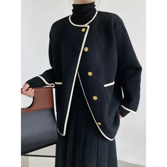Asymmetric Buttoned Pockets Split-Joint Long Sleeves Loose Round-Neck Woolen Coat Asymmetric Buttoned Pockets Split-Joint Long Sleeves Loose Round-Neck Woolen Coat