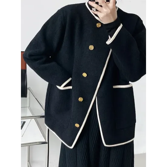 Asymmetric Buttoned Pockets Split-Joint Long Sleeves Loose Round-Neck Woolen Coat Asymmetric Buttoned Pockets Split-Joint Long Sleeves Loose Round-Neck Woolen Coat