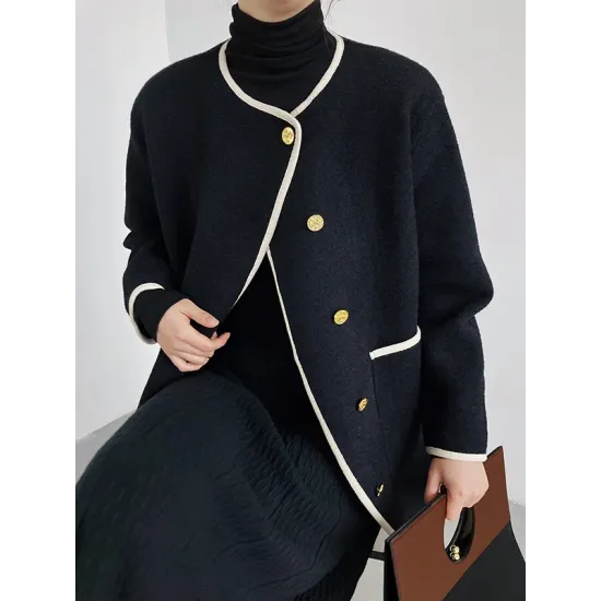Asymmetric Buttoned Pockets Split-Joint Long Sleeves Loose Round-Neck Woolen Coat Asymmetric Buttoned Pockets Split-Joint Long Sleeves Loose Round-Neck Woolen Coat