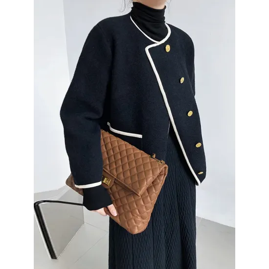 Asymmetric Buttoned Pockets Split-Joint Long Sleeves Loose Round-Neck Woolen Coat Asymmetric Buttoned Pockets Split-Joint Long Sleeves Loose Round-Neck Woolen Coat