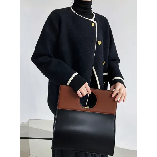 Asymmetric Buttoned Pockets Split-Joint Long Sleeves Loose Round-Neck Woolen Coat Asymmetric Buttoned Pockets Split-Joint Long Sleeves Loose Round-Neck Woolen Coat