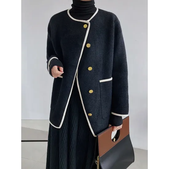 Asymmetric Buttoned Pockets Split-Joint Long Sleeves Loose Round-Neck Woolen Coat Asymmetric Buttoned Pockets Split-Joint Long Sleeves Loose Round-Neck Woolen Coat