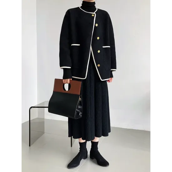 Asymmetric Buttoned Pockets Split-Joint Long Sleeves Loose Round-Neck Woolen Coat Asymmetric Buttoned Pockets Split-Joint Long Sleeves Loose Round-Neck Woolen Coat