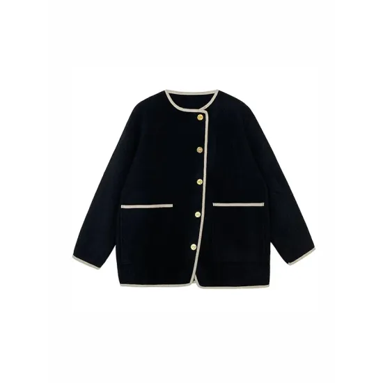 Asymmetric Buttoned Pockets Split-Joint Long Sleeves Loose Round-Neck Woolen Coat Asymmetric Buttoned Pockets Split-Joint Long Sleeves Loose Round-Neck Woolen Coat