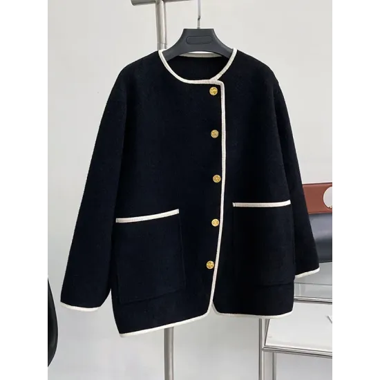 Asymmetric Buttoned Pockets Split-Joint Long Sleeves Loose Round-Neck Woolen Coat Asymmetric Buttoned Pockets Split-Joint Long Sleeves Loose Round-Neck Woolen Coat