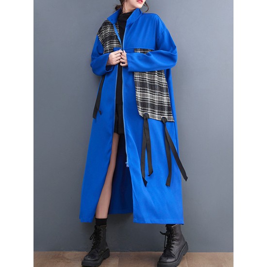 Original Long Sleeves Loose Contrast Color Plaid Split-Joint Zipper Stand Collar Outerwear Original Long Sleeves Loose Contrast Color Plaid Split-Joint Zipper Stand Collar Outerwear