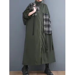 Original Long Sleeves Loose Contrast Color Plaid Split-Joint Zipper Stand Collar Outerwear