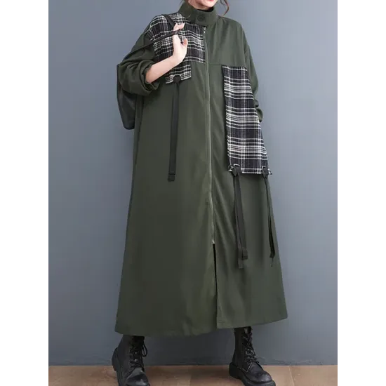 Original Long Sleeves Loose Contrast Color Plaid Split-Joint Zipper Stand Collar Outerwear Original Long Sleeves Loose Contrast Color Plaid Split-Joint Zipper Stand Collar Outerwear