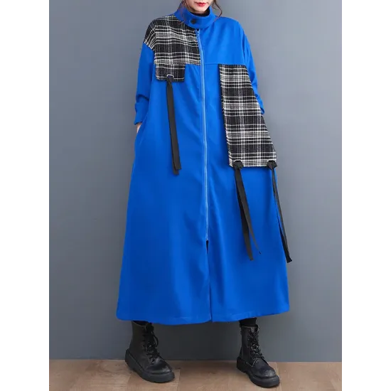Original Long Sleeves Loose Contrast Color Plaid Split-Joint Zipper Stand Collar Outerwear Original Long Sleeves Loose Contrast Color Plaid Split-Joint Zipper Stand Collar Outerwear