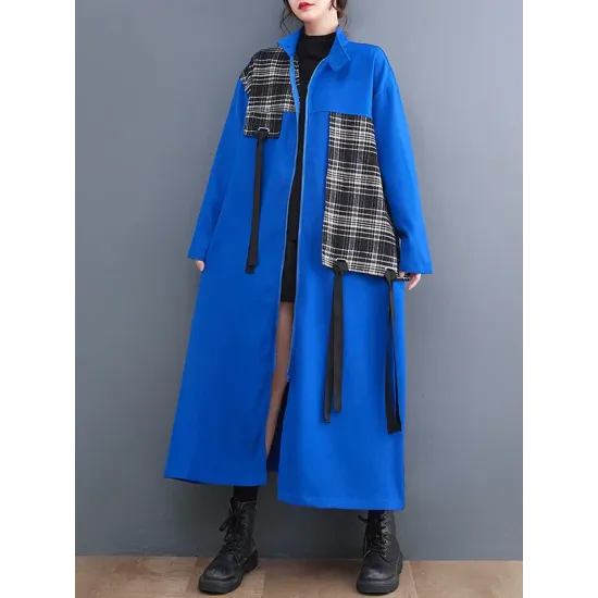 Original Long Sleeves Loose Contrast Color Plaid Split-Joint Zipper Stand Collar Outerwear Original Long Sleeves Loose Contrast Color Plaid Split-Joint Zipper Stand Collar Outerwear