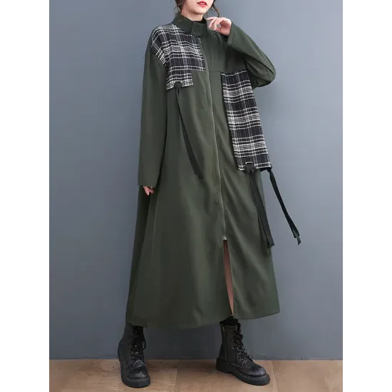 Original Long Sleeves Loose Contrast Color Plaid Split-Joint Zipper Stand Collar Outerwear Original Long Sleeves Loose Contrast Color Plaid Split-Joint Zipper Stand Collar Outerwear
