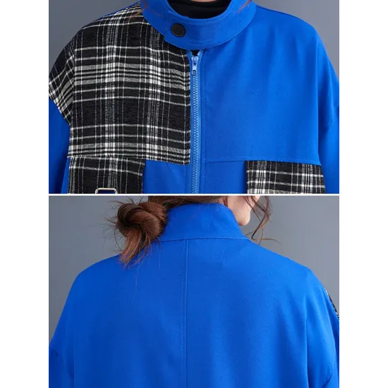 Original Long Sleeves Loose Contrast Color Plaid Split-Joint Zipper Stand Collar Outerwear Original Long Sleeves Loose Contrast Color Plaid Split-Joint Zipper Stand Collar Outerwear