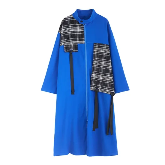 Original Long Sleeves Loose Contrast Color Plaid Split-Joint Zipper Stand Collar Outerwear Original Long Sleeves Loose Contrast Color Plaid Split-Joint Zipper Stand Collar Outerwear