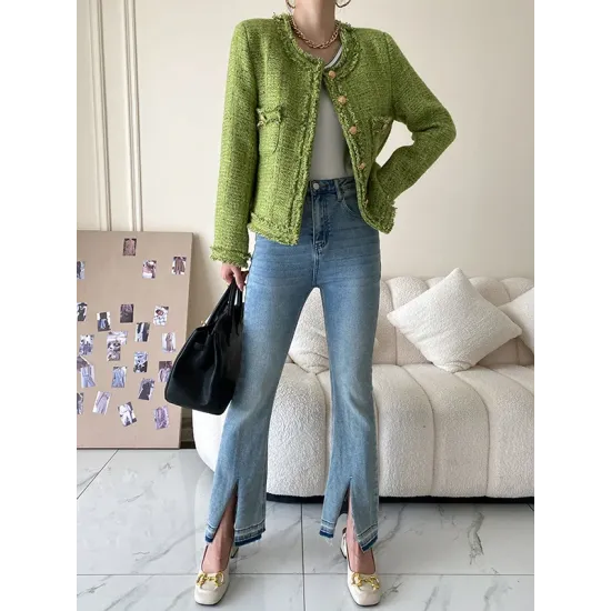 Fashion Long Sleeves Loose Buttoned Round-Neck Outerwear Fashion Long Sleeves Loose Buttoned Round-Neck Outerwear