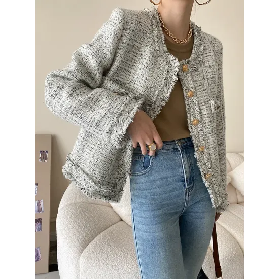 Fashion Long Sleeves Loose Buttoned Round-Neck Outerwear Fashion Long Sleeves Loose Buttoned Round-Neck Outerwear