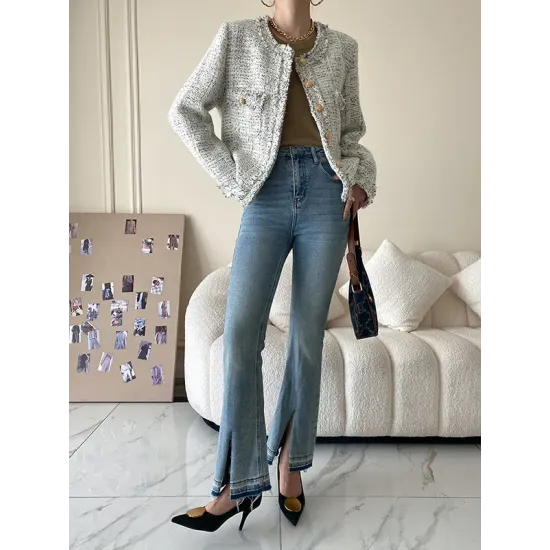 Fashion Long Sleeves Loose Buttoned Round-Neck Outerwear Fashion Long Sleeves Loose Buttoned Round-Neck Outerwear
