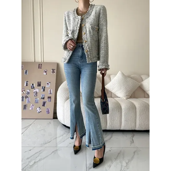 Fashion Long Sleeves Loose Buttoned Round-Neck Outerwear Fashion Long Sleeves Loose Buttoned Round-Neck Outerwear