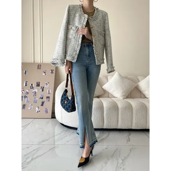 Fashion Long Sleeves Loose Buttoned Round-Neck Outerwear Fashion Long Sleeves Loose Buttoned Round-Neck Outerwear