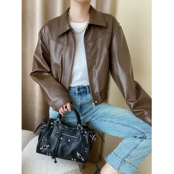 Solid Color Split-Joint Zipper Long Sleeves Loose Lapel Jackets&Coats