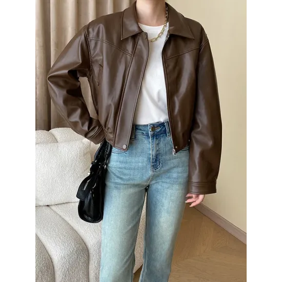 Solid Color Split-Joint Zipper Long Sleeves Loose Lapel Jackets&Coats Solid Color Split-Joint Zipper Long Sleeves Loose Lapel Jackets&Coats