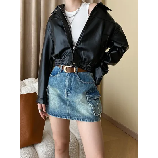 Solid Color Split-Joint Zipper Long Sleeves Loose Lapel Jackets&Coats Solid Color Split-Joint Zipper Long Sleeves Loose Lapel Jackets&Coats