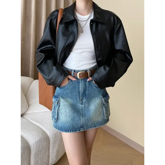 Solid Color Split-Joint Zipper Long Sleeves Loose Lapel Jackets&Coats Solid Color Split-Joint Zipper Long Sleeves Loose Lapel Jackets&Coats