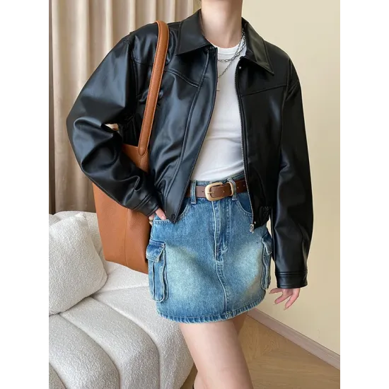 Solid Color Split-Joint Zipper Long Sleeves Loose Lapel Jackets&Coats Solid Color Split-Joint Zipper Long Sleeves Loose Lapel Jackets&Coats