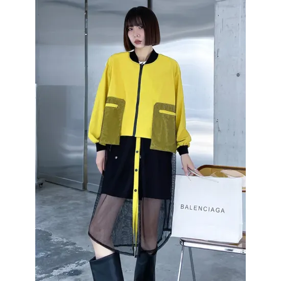 Stylish Split-Joint With Pocket Mesh Buttoned Stand Collar Long Sleeves Jacket Outwear