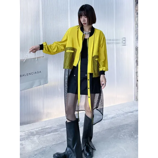 Stylish Split-Joint With Pocket Mesh Buttoned Stand Collar Long Sleeves Jacket Outwear