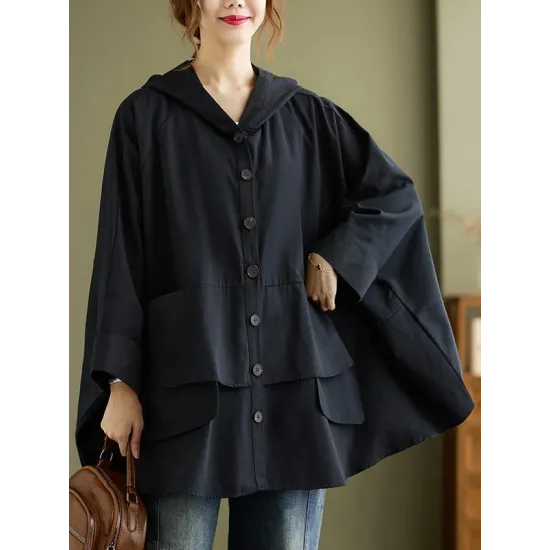 Loose Solid Color Buttoned Hooded Long Sleeves Trench Coat Loose Solid Color Buttoned Hooded Long Sleeves Trench Coat