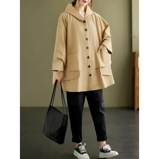 Loose Solid Color Buttoned Hooded Long Sleeves Trench Coat Loose Solid Color Buttoned Hooded Long Sleeves Trench Coat