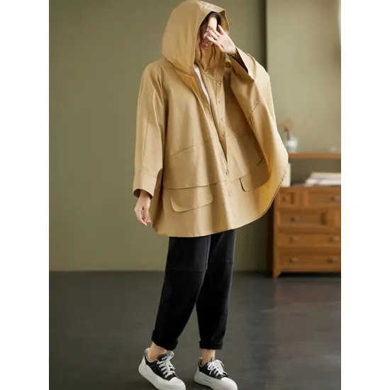 Loose Solid Color Buttoned Hooded Long Sleeves Trench Coat Loose Solid Color Buttoned Hooded Long Sleeves Trench Coat