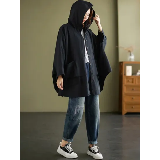 Loose Solid Color Buttoned Hooded Long Sleeves Trench Coat Loose Solid Color Buttoned Hooded Long Sleeves Trench Coat