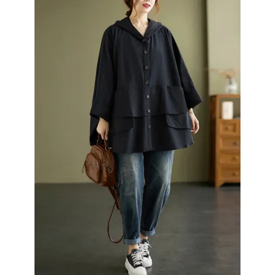 Loose Solid Color Buttoned Hooded Long Sleeves Trench Coat Loose Solid Color Buttoned Hooded Long Sleeves Trench Coat