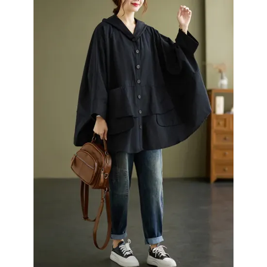 Loose Solid Color Buttoned Hooded Long Sleeves Trench Coat Loose Solid Color Buttoned Hooded Long Sleeves Trench Coat