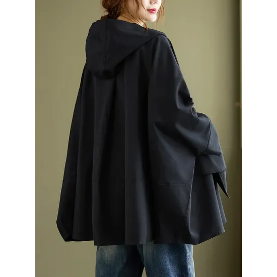 Loose Solid Color Buttoned Hooded Long Sleeves Trench Coat Loose Solid Color Buttoned Hooded Long Sleeves Trench Coat