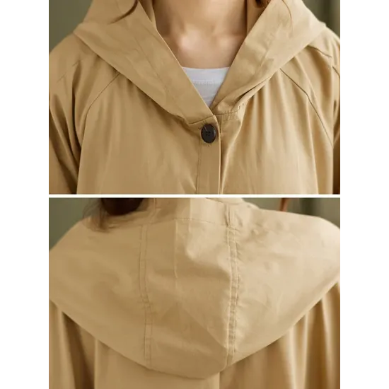 Loose Solid Color Buttoned Hooded Long Sleeves Trench Coat Loose Solid Color Buttoned Hooded Long Sleeves Trench Coat